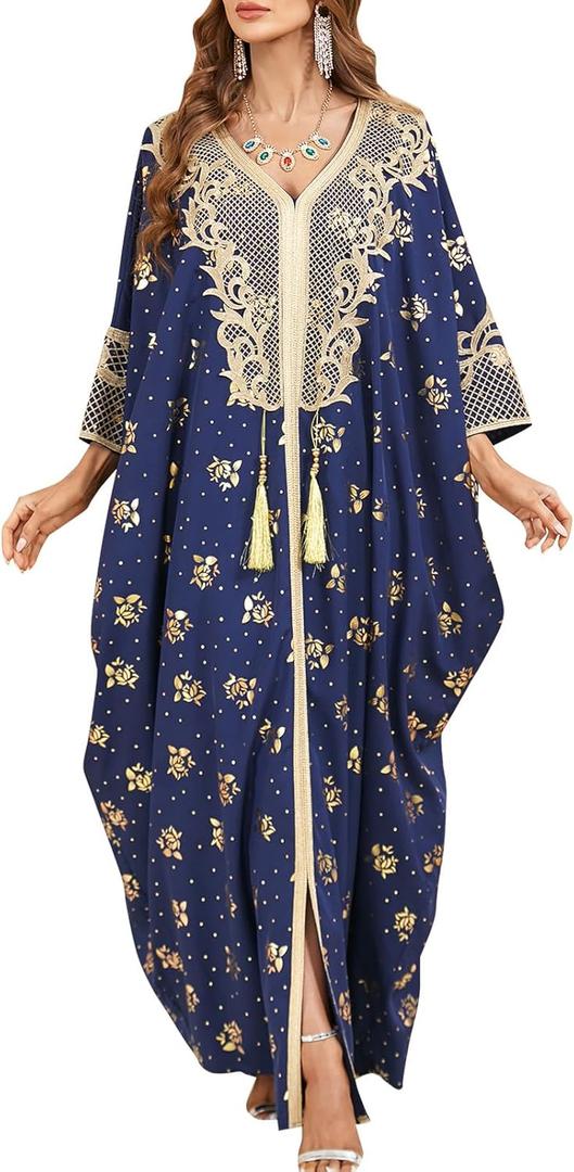 Embroidered Abaya Kaftans for Women Modern Elegant Dubai Moroccan Dubai Kaftan Dresses Abaya for Women Muslim Dress (Navy Blue)