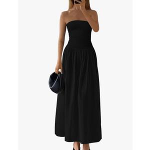 PRETTYGARDEN Women 2025 Summer Elegant Strapless Maxi Dress Tube Top Dress A Line Flowy Long Wedding Party Cocktail Dresses S