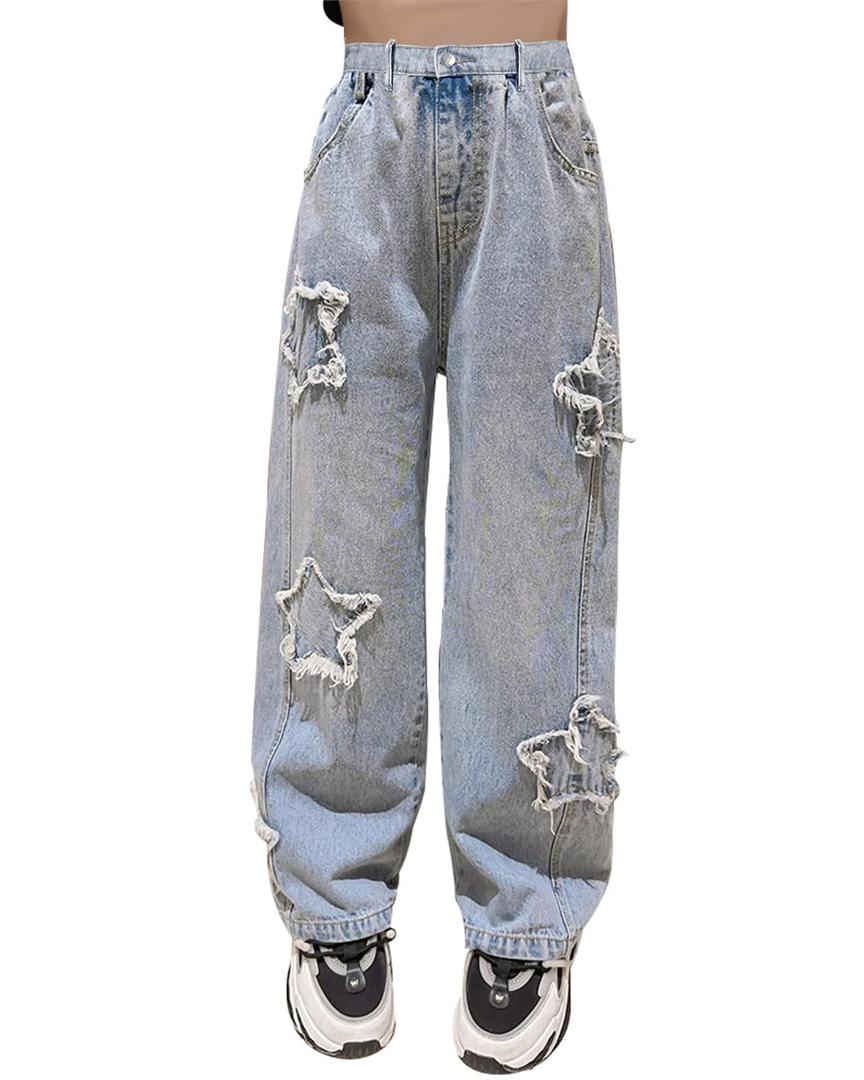 SANGTREE Womens Wide Leg Jeans Elastic Waist Denim Pants Baggy Jeans for Womens Star Patch LightBlue XL (Blue, XL)