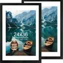 Hongkee 24x36 Poster Frame Set of 2, Rustic Black Wood Style - Display 24 x 36 Poster without Mat or 20x30 Picture with Mat, Wall Mounting Horizontal and Vertical