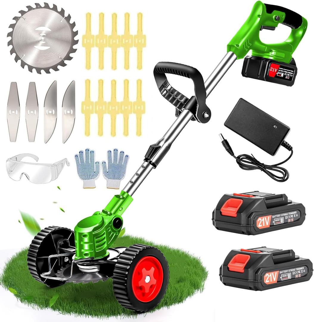 Electric Weed Wacker Cordless with Wheels, 2pcs Batteries&4 Types Blades,Lightweight, Low Noise Weed Trimmer 21V stringless Weed Wacker, Grass Trimmer/Brush Cutter/Edger, for Thick Weeds&Yard Garden