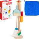 Kids Cleaning Set, 8 Pcs Wooden Housekeeping Play Set Includes Broom Mop Duster Dustpan Brushes Rag and Organizing Stand, Cleaning Toys Gift for Toddlers Girls Boys Age 3-6, Solid Beech Wood