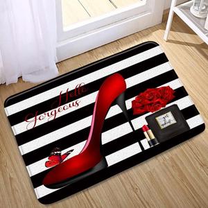 Black White Stripe Bath Mat Red High Heel Perfume Bottle Lipstick Romantic Love Fashion Bathroom Rugs Microfiber Memory Foam Non Slip Backing Bedroom Kitchen Doormat 17.8x29.5 Inch