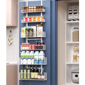 Bunoxea 6-Tier Over The Door Pantry Organizer,Hanging Spice Rack with Adjustable Basket,Over Door Racks,Pantry Organization And Storage, Laundry Room,Bathroom,Large Capacity,D5.3xW15.7xH60.9in (Pure White)
