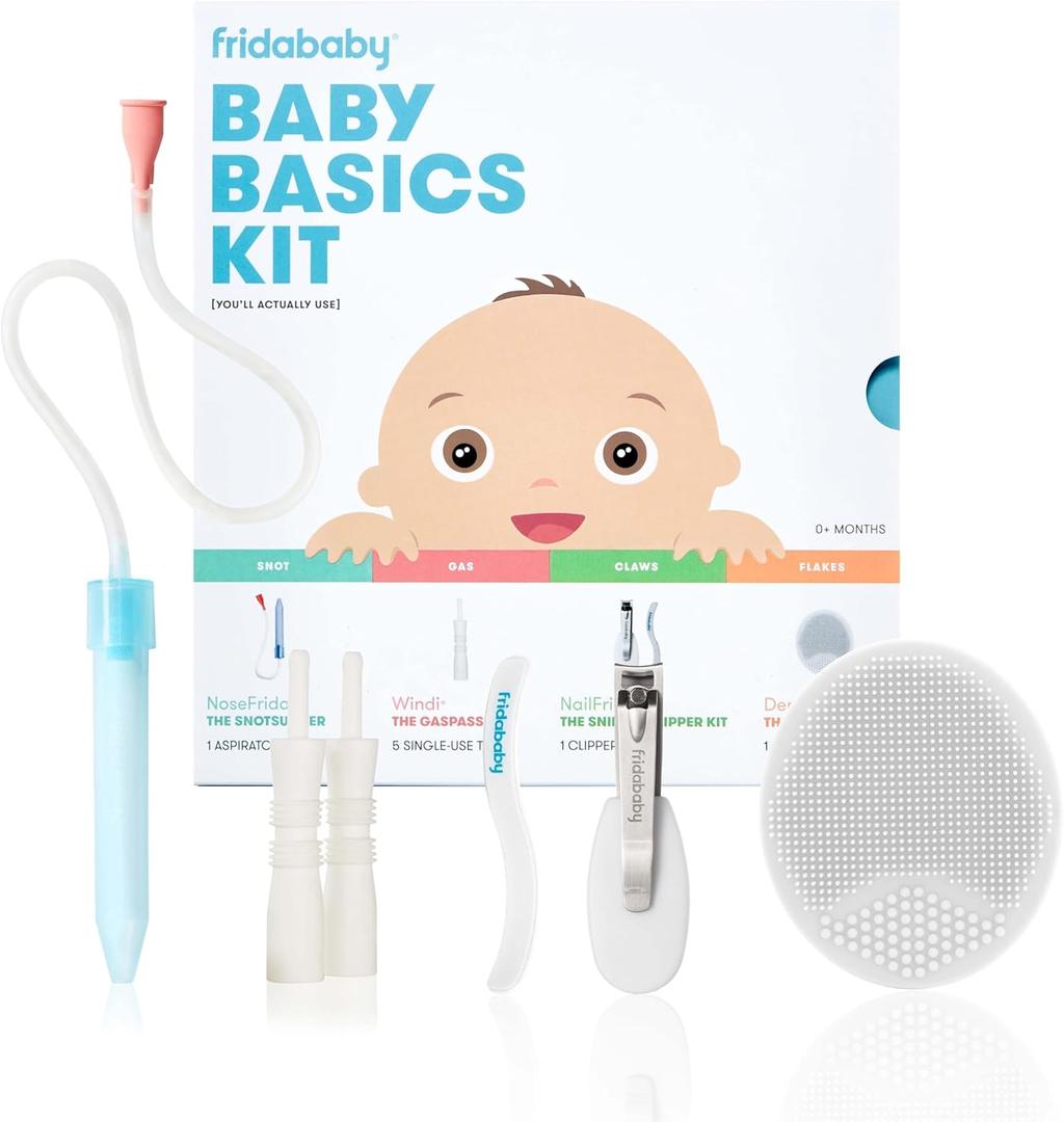 Frida Baby Basics Kit, Baby Essentials Kit Includes Nasal Aspirator Snotsucker, NailFrida Nail Files, Windi Gas Relief, DermaFrida Bath Brush + Silicone Carry Case (1 Count (Pack of 1))