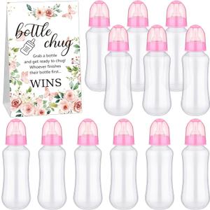 TrelaCo Cool Baby Shower Games Sets 12 Pcs Feeding Bottles with 1 Bottle Chug Sign for Gender Reveal Baby Shower Party Favors Decoration Games(Floral,Pink)