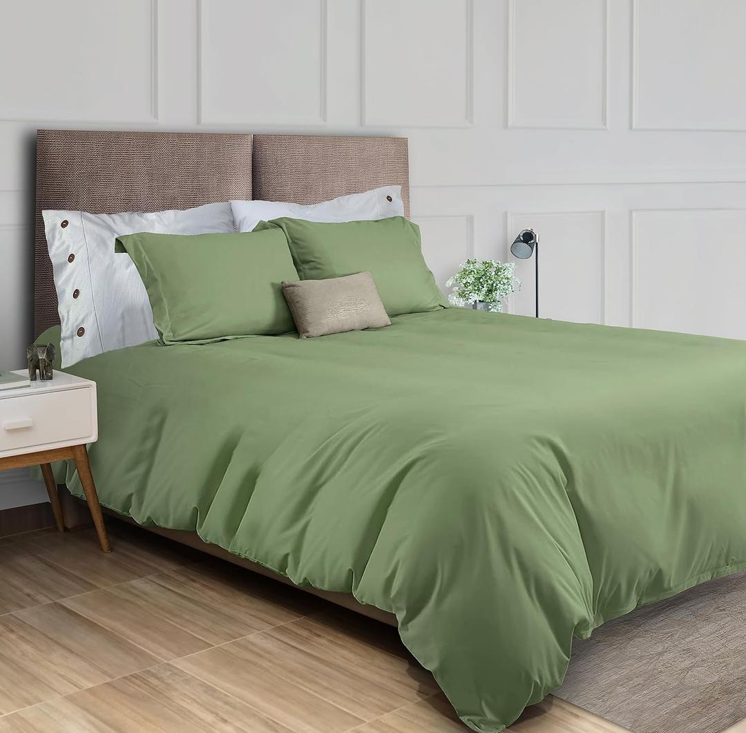 White Classic Forest Green Bed Sheets W Zipper & 2 Pillow Cases