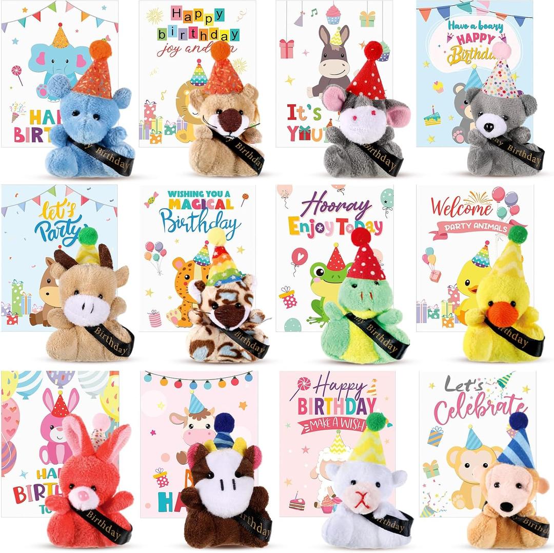 Hollowfly 12 Sets Birthday Mini Plush Bulk with Cards, Birthday Classroom Gifts for Students Mini Plushies Stuffed Animals for Students Classroom Reward Party Favors Decorations Return Gifts Present