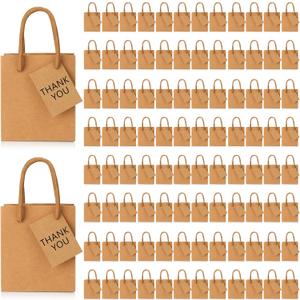 Sherr 100 Pcs Mini Gift Bags Bulk, 4 x 2.75 x 4.5 in Paper Bag with Tag, Extra Small Paper Gift Boxes with Handles for Birthday, Party Favor, Wedding, Small Business, Spring Easter(Brown)