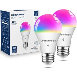 Lightinginside Smart Light Bulbs 60W Equivalent, WiFi Smart Bulb Compatible with Alexa/Google Assistant/Smart Life, A19 E26 RGBCW Color Changing, No Hub Required,2.4G WiFi, ETL Listed, 9W 800LM, 2PCS