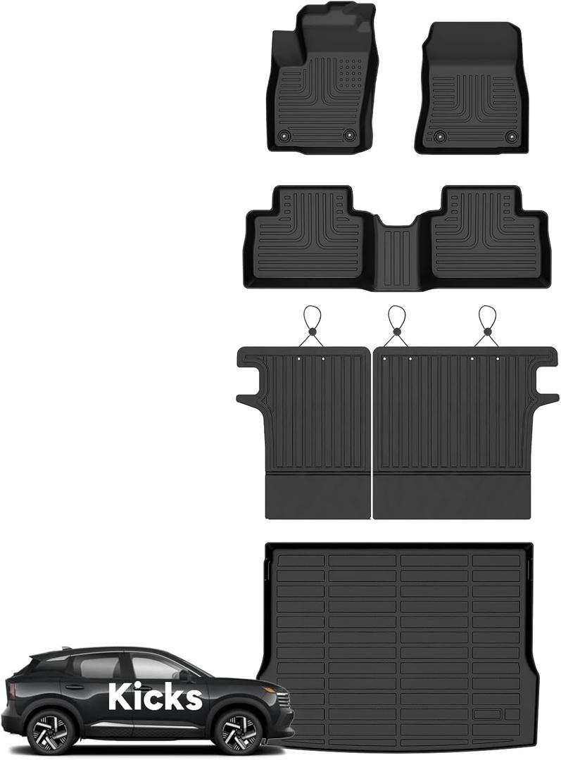 Wayhigh-All Weather Floor Mats & Cargo Liner and Seatback Cargo Set for Nissan Kicks 2025 2026 SV/SR (Not for S) Custom Fit TPE Car Mats Waterproof Heavy Duty Rubber Floor Liners for Kicks Accessories