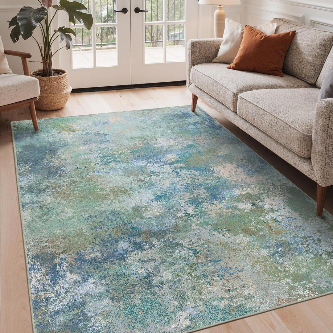 GENIMO 3x5 Rugs for Entryway Entrance, Modern Lightweight Rug Ultra Soft Indoor Area Rugs 3x5 for Living Room Bedroom Kitchen, Low Pile Carpet with Non Slip Backing, Blue Green