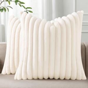 Pallene Faux Fur Plush Throw Pillow Covers 18x18 Set of 2, Luxury Soft Fluffy Striped Decorative Pillow Covers for Sofa, Couch, Living Room, Cream White