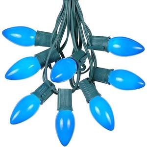 25 Foot C9 Blue Ceramic Christmas String Light Set - Outdoor Roofline Light String - Opaque Bulbs - Green Wire