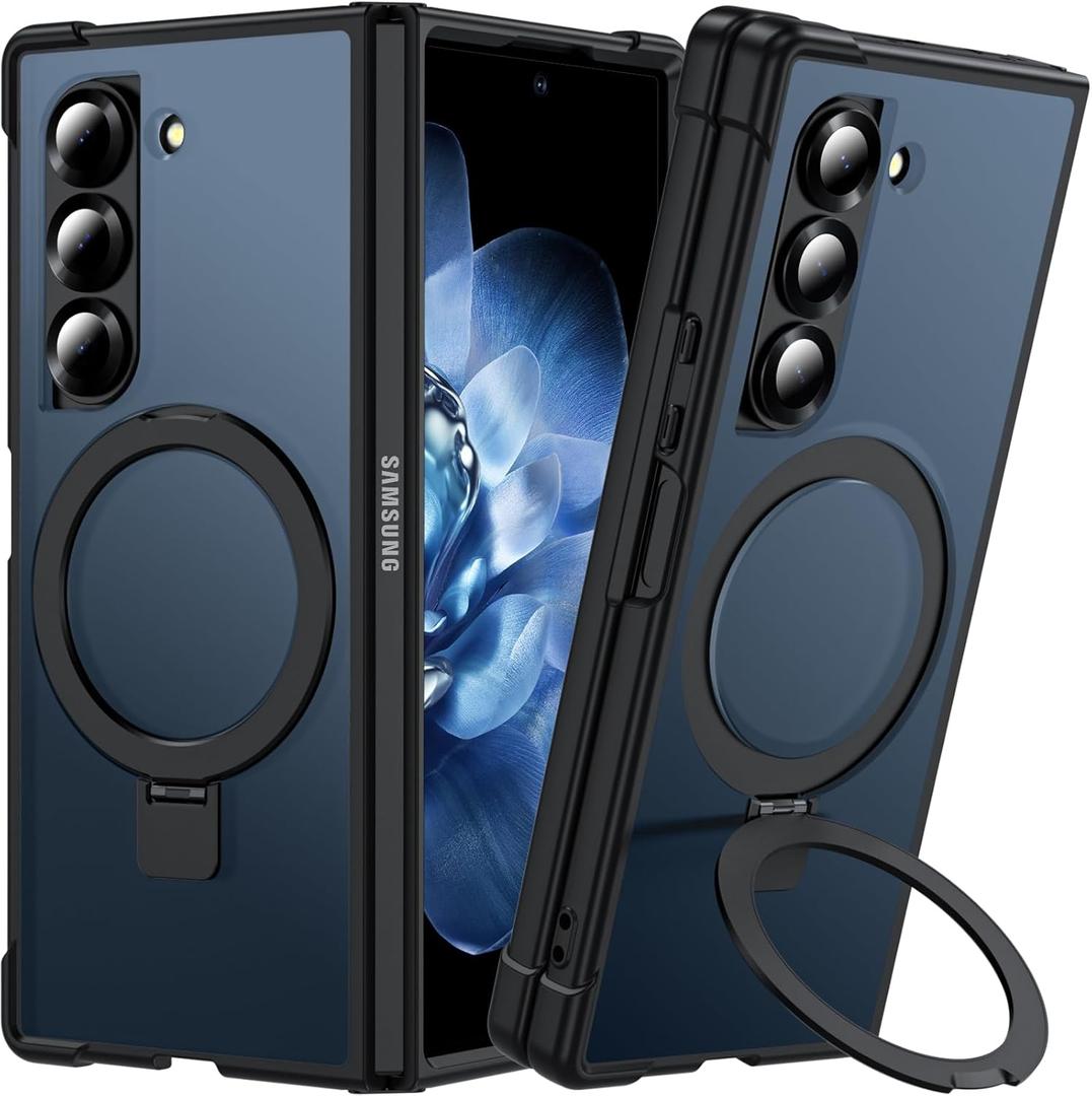 Hensinple for Samsung Galaxy Z Fold 6 Case with Ring Stand, [Compatible with MagSafe][Slim Fit], Magnetic Charing Translucent Back Shockproof Phone Case for Z Fold 6, Black