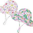 Baby Girl Sun Hat Toddler Beach Hats with UPF 50+ Protective Infant Summer Hat with Wide Brim Baby Girls Bucket Hat (US, Age, 0 Months, 6 Months, Pink Flower  2pcs)