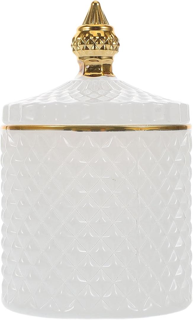 Homoyoyo Holder Thick Glass Apothecary Jars with Lid Crystal Diamond Faceted Jar Bathroom Canisters Counter Vanity Organizer for Cotton Swabs,Balls,Pads,Floss Picks,Candy,Jewelry,White 5.3X3.3X3.34In