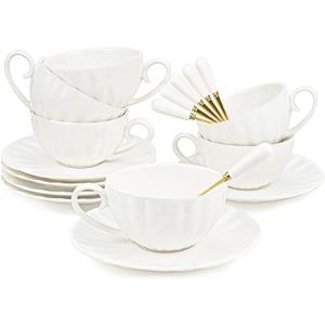 Yesland Set of 6 Royal Tea Cups and Saucers, 6 oz White Porcelain Tea Set & British Coffee Cups, White Latte Cups and Espresso Mug for Specialty Coffee Drinks, Latte, Cafe Mocha, Tea