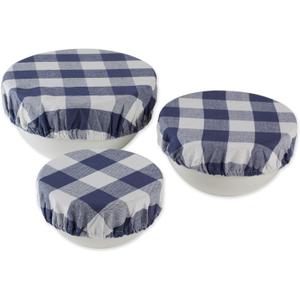 DII Reusable Cloth Bowl Cover Collection Machine Washable, Cotton with Elastic Stretch for Food Storage, 10.25"/8.25"/7.5" Diameter, Farmhouse Plaid, French Blue, 3 Piece