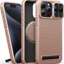 for iPhone 15 Pro Max Case Compatible with MagSafe, Built-in Kickstand & Slide Lens Cover, Military-Grade Drop Protection Rugged Hard Magnetic Phone Case for iPhone 15 Pro Max 5g 2023, Rose Gold