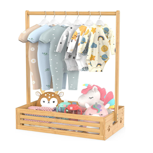 BAMBOOHOMIE Kids Clothing Rack for Toddler, Pets Clothes Rack with Storage Box & Hanging Rod for Dogs/Cats, Baby Clothes Closet Stand for Nursery Room (Natural, Kids)