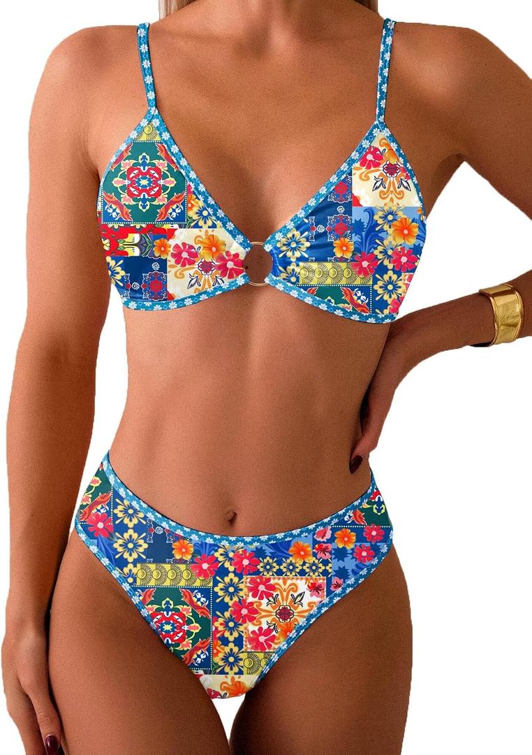 Fanuerg Women's Triangle Bikini Sets O Ring Linked Two Piece Swimsuits Floral Printed Cheeky Bathing Suit (Blue, M)