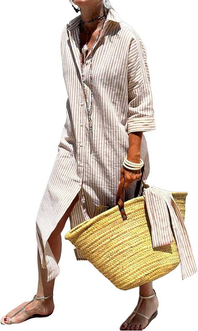 utcoco Womens 2025 Shirt Dress Casual Lapel 3/4 Sleeve Button Down Split Belted Vacation Maxi Dress (Medium, Khaki Striped)