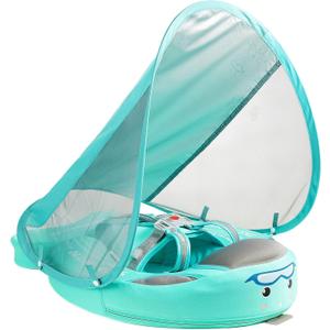 Mambobaby Float with Canopy Baby Swim Float with Tail, New Upgraded Non-Inflatable Solid Baby Pool Float, Soft Skin-Friendly Fabric Material Infant Swim Float (Special Edition Green), Small