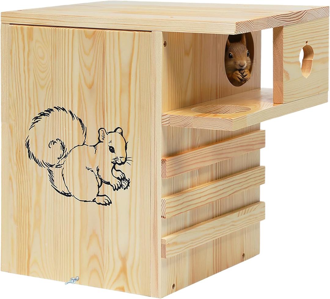 Large Squirrel House for Outside - INRLKIT Extra Large Squirrel Boxes for Outside with Exterior Porch, Wooden Squirrel Nesting Box for Chipmunks and Small Animals, Easy Assemble