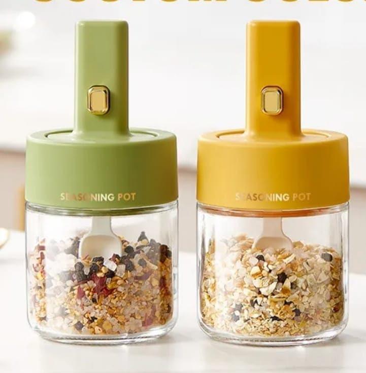 Glass Seasoning Jars (2pcs) with Retractable Spoon and Lid for Spice, Sugar, Salt & Pepper, Kitchen Counter Food Storage, Condiment Pots 9.3oz/275 ml (Yellow and Green)