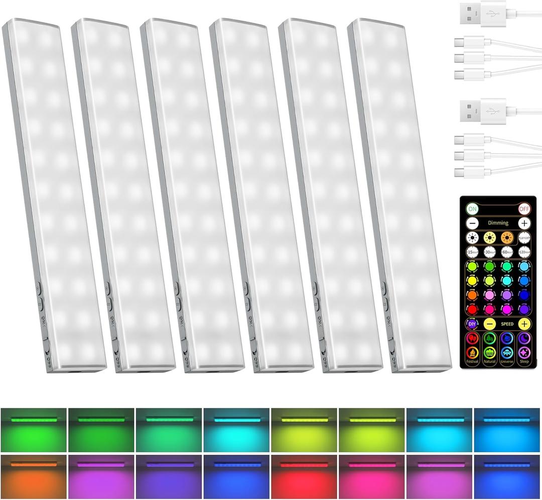 EZVALO 80 RGB Color Changing Under Cabinet Lighting Wireless, 1800mAh Rechargeable Shelf Lights, Magnetic, Timer & Dimmable Bar Light with Remote for Kitchen, Display Case, Cabinet, 6Pack