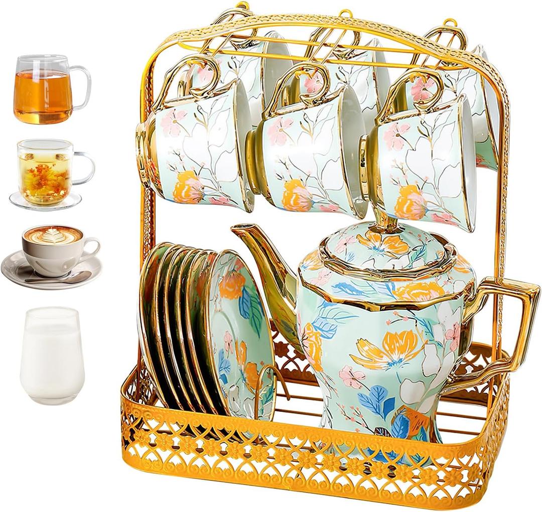 Porcelain Tea Set for Adults, 14Pcs European Ceramic Tea Set Flower Ceramic Tea Cups (6.7oz), Teapot (33.8oz), & Saucers with Metal Holder for Women Tea Party (Light Blue)