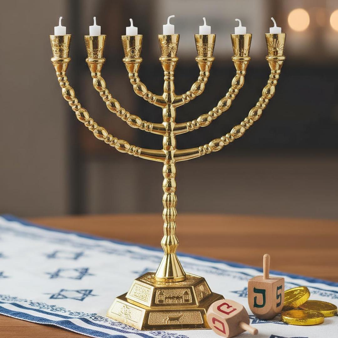 Large Menorah 7 Branch Hanukkah Menorah Candle Holder - Gold Plated Jewish Menorahs 7 Arm Candlestick Holder - Chanukah Candle Holders Shabbat -6.9IN