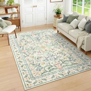 Wonnitar Washable 6x9 Area Rugs, Soft Floral Rug for Bedroom Kids Playroom Light Colored Carpet, Non Slip Ultra-Thin Indoor Beige Carpet for Living Room Classroom Office (6' x 9')