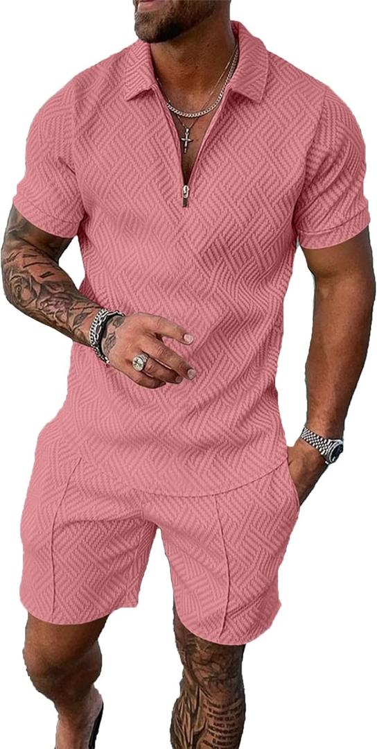 Mens Track Suits 2 Piece Summer Short Sets Outfits Fashion Polo Shirt Casual Short Sleeve and Shorts Set (Large, Pink)