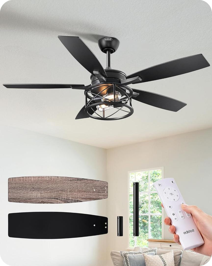 EDISHINE 42 Black Farmhouse Ceiling Fans with Lights, Remote Control, Dimmable, 6 Speeds, 5 Wood Blades, DC Reversible Motor, Timer, Noiseless, Small Rustic Fan for Bedroom Living Room Kids Room (Black & Grey Oka)