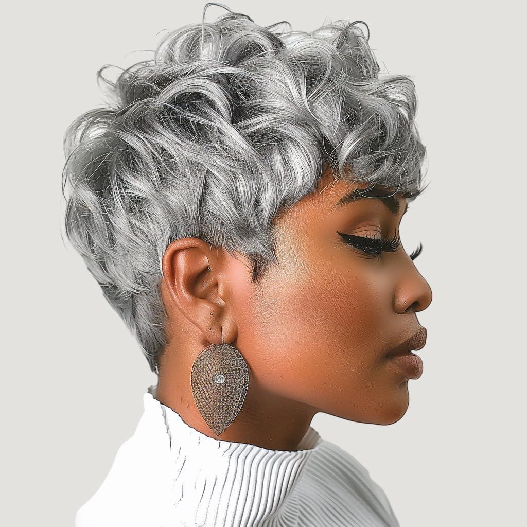 Gray Wig for Black People Pixie Cut Wig with Bangs Short Pixie, Curly Wig for Black Women, Fluffy Pixie Curly Wig for Women Natural Wavy Short Gray Pixie Cut (Grey)