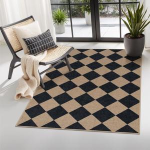 Lahome Checkered Easy Jute Entry Rug, 3x5 Black Outdoor Patio Rug for Living Room Farmhouse Neutral Carpet, Washable Non Slip Indoor Door Mat Diamond Carpet for Front Door Deck Camping (Nature and Black/Checkerboard -2)