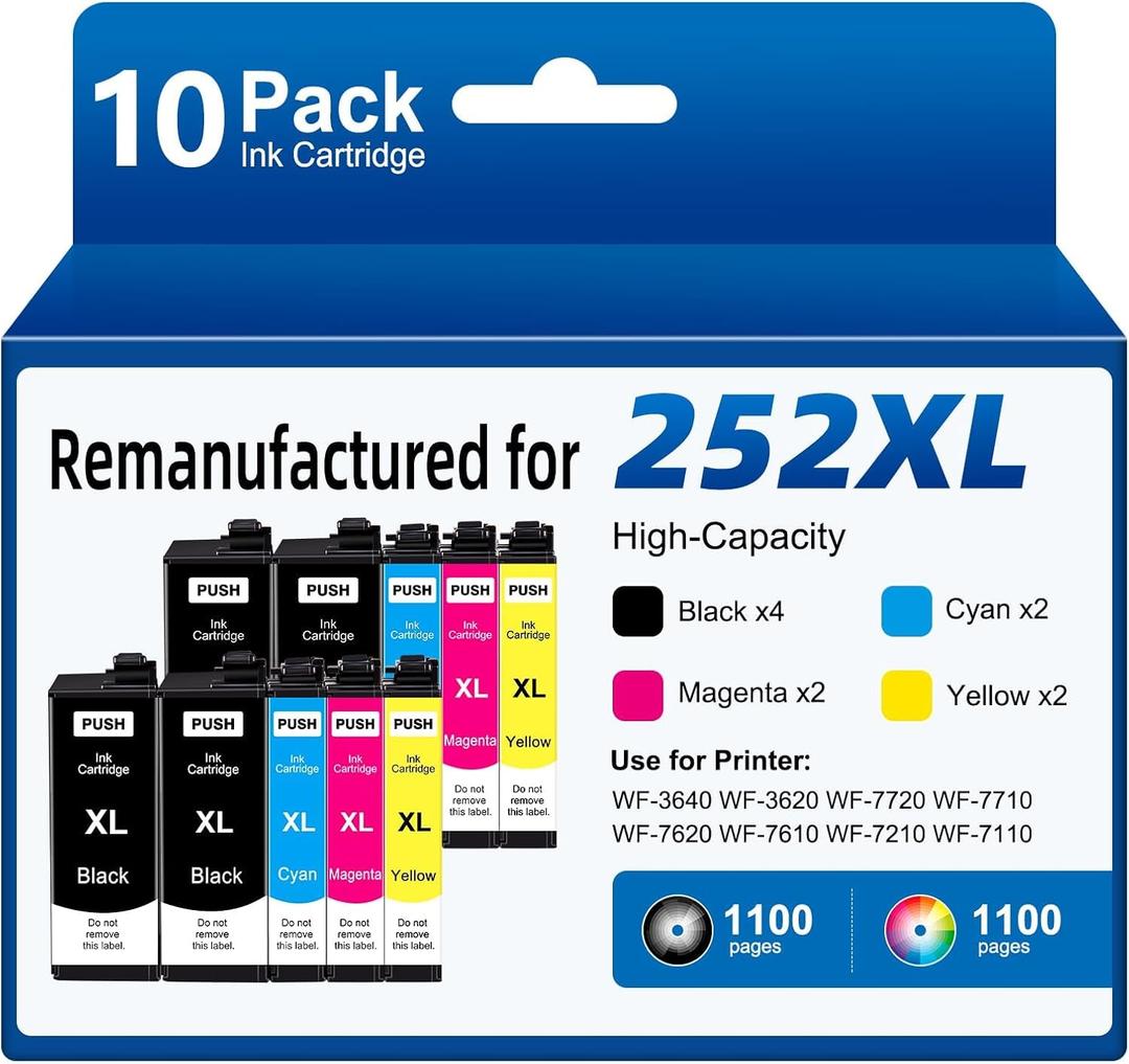 Remanufactured Ink Cartridges Replacement for Epson 252XL T252XL Ink Cartridges Combo Pack (10 Pack) for Workforce WF-3640 WF-3620 WF-7720 WF-7710 WF-7620 (4 Large Black, 2 Cyan, 2 Magenta, 2 Yellow)