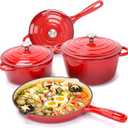 Hisencn Enameled Cast Iron Cookware Set - 7 Piece Dutch Ovens Set, Sauce Pan, Skillet, 3 Lids, Pots and Pans Set, Ceramic Coated Cast Iron, Heavy Duty, Gas/Induction Compatible, PFA Free, Rouge Red