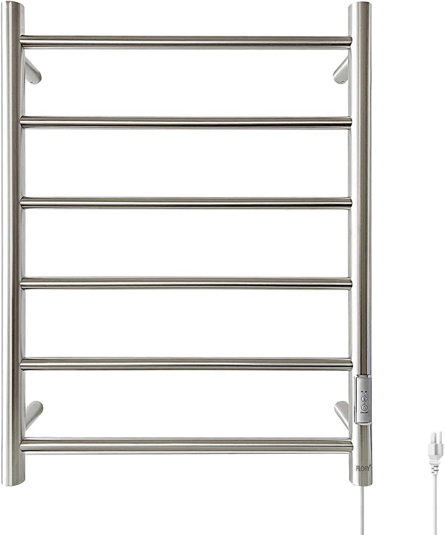 R FLORY 6 Bars Towel Warmer for Bathroom, Wall Mounted Electric Heated Towel Rack with Timer, Plug-in/Hardwired Stainless Steel Towel Heater, Brushed Nickel