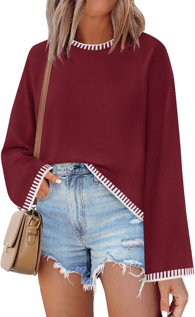 ZESICA Women's Oversized Long Sleeve Sweaters Fall Crewneck Color Block Loose Ribbed Knit Pullover Tops (Red, L)