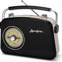 ByronStatics Black AM FM Radio - Small Portable Radios Vintage/Retro with Headphone Jack, Large Analog Rotary Tuning Dial - Power Plug or 4 x 1.5V AA Battery
