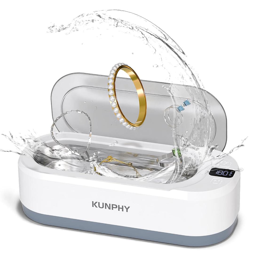 Upgraded KUNPHY Ultrasonic Jewelry Cleaner, 350ML 48KHz Professional Ultrasonic Cleaner Machine with 3 Digital Timers, Touch Operation for Eyeglass, Watches, Ring, Silver, Gold, Diamond (White)