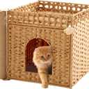 Stylish Cat Litter Box Enclosure with Scratching Post – Handwoven Rattan Cat House, Hidden Litter Mat & Fence, 20.5×18.5×19.1 in, Indoor & Outdoor Use