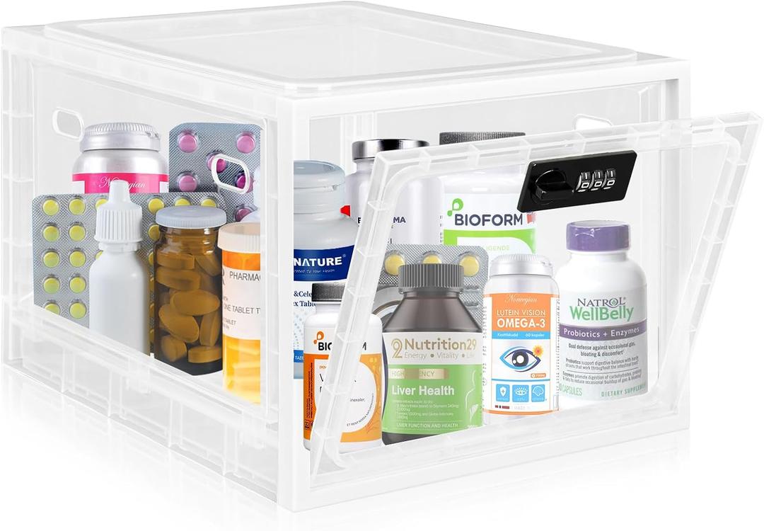 Medicine Lock Box for Safe Medication, Premium Material Lockable Storage Box Locking Organizer Bin with Combination Code for Fridge Food/Snacks/Phone/Tablet Jail/Home/Office Storage Lockers (Black)
