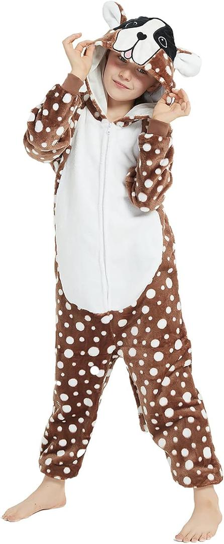 Dog Costume for Kids Onesie Plush Animal Dalmatian Girls One Piece Pajamas Halloween Christmas Cosplay Teen Sleepwear, Size 140