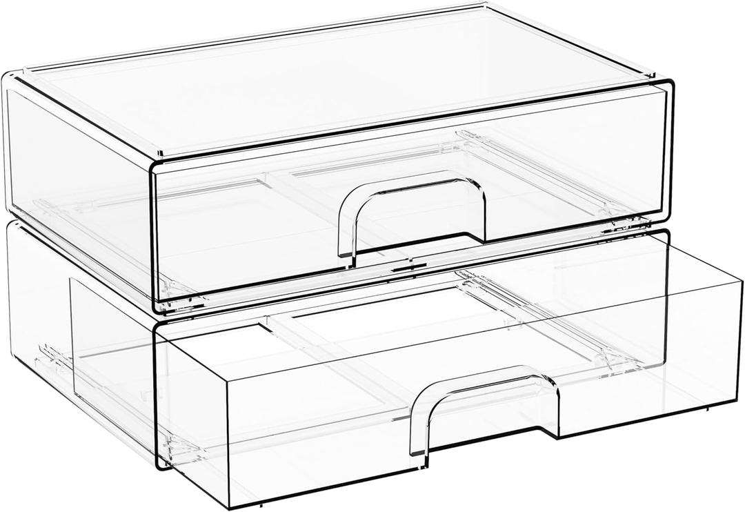 2 Pack Acrylic Drawer Organizer,12.2''W Clear Stackable Storage Drawers,Acrylic Boxes for Storage Makeup Palettes,Cosmetics,Pull Out Bathroom Storage Bins for Hair Products,Medicine Cabinet Organizer