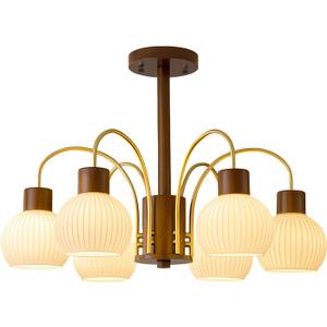 KCO Lighting 6-Lights Ribbed Milk Glass Chandelier Farmhouse Rustic Walnut Wood Chandelier Lighting Frosted White Globe Pendant Light Mid Century Modern Gold Semi Flush Mount Ceiling Light