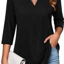 Zeagoo Womens 3/4 Length Sleeve Tops V Neck Tunic Casual Dressy Blouse Floral Printed Shirts (Medium, Black)